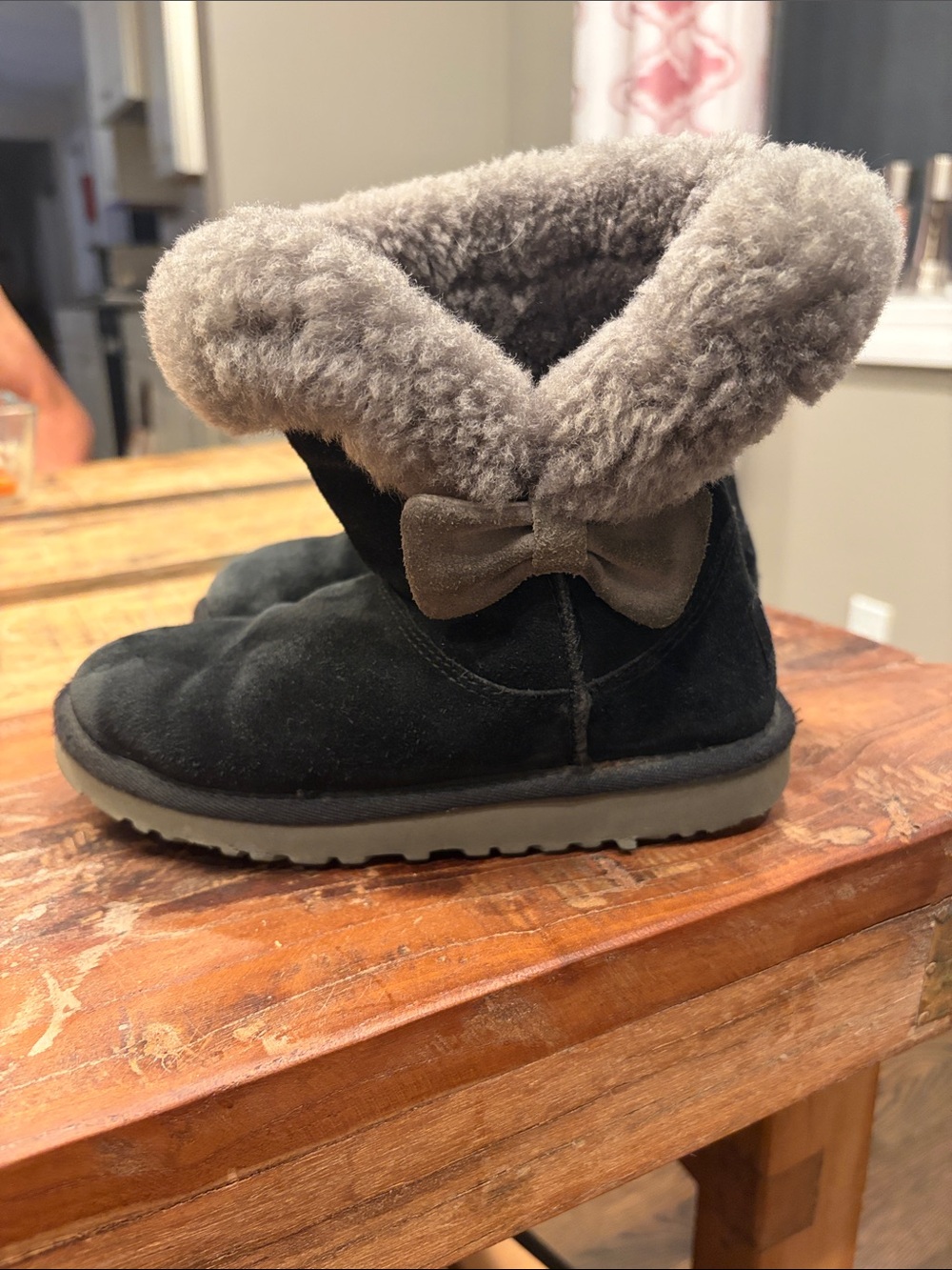 UGG Kids Black Suede Boot with Gray Fur Cuff and Bow Accent